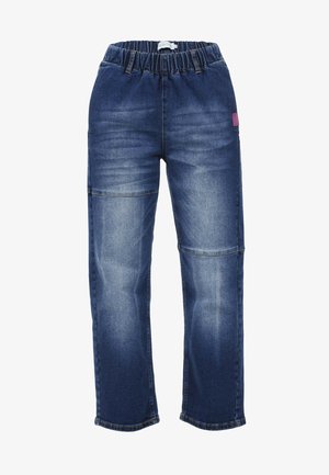 Jeans aus Denim mit elastischem Bund, von hellblau bis dunkelblau gewaschen, gerade Beinform und einer Seitentasche mit einem kleinen lila Etikett.