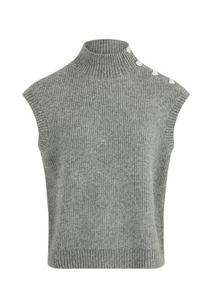 Suéter gris de punto sin mangas con cuello alto, textura acanalada y botones decorativos en un hombro. Diseño suave y ajustado.
