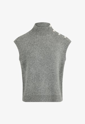 Pull gris sans manches en tricot avec un col montant, texture côtelée et boutons décoratifs sur une épaule. Design doux et ajusté.