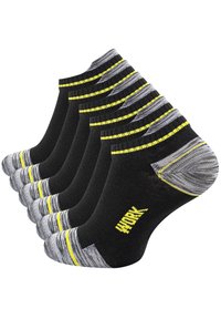 Calzini neri alla caviglia con strisce grigie e gialle alla cucitura, tallone e punta rinforzati, con la scritta "WORK" in giallo sul lato.