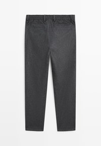 Gray, elastic-waist pants with a smooth texture, two back pockets, and a tapered leg design. Fabric has a subtle sheen.