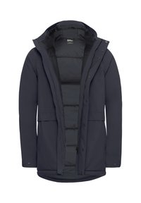 Giacca isolante blu navy con cappuccio, chiusura con zip e bottoni a pressione, due tasche frontali e foderatura interna liscia. Design semplice e funzionale.