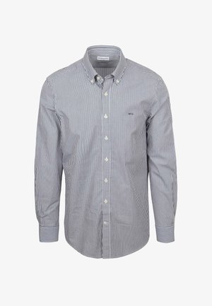 Gestreepte overhemden in marineblauw en wit, met een klassieke kraag, lange mouwen en een klein logo op de borst. Gladde katoen stof.