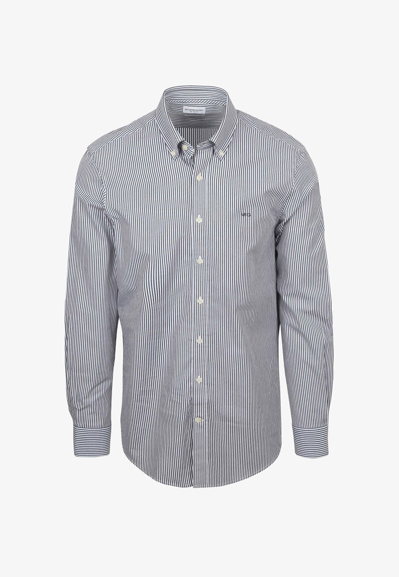 Gestreepte overhemden in marineblauw en wit, met een klassieke kraag, lange mouwen en een klein logo op de borst. Gladde katoen stof.