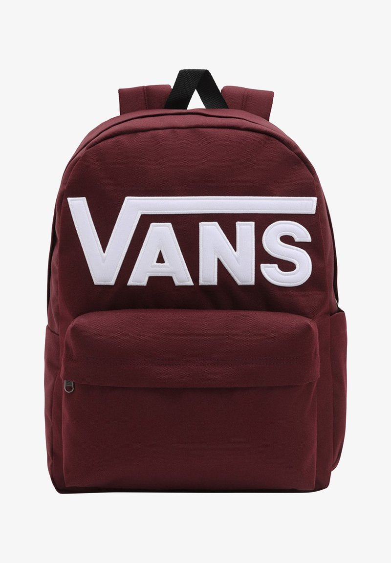 Mochila burdeos con el logo blanco de "VANS", material de tela, gran compartimento principal, bolsillo frontal con cremallera y correas de hombro acolchadas.