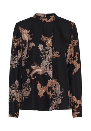 Black long-sleeve blouse with high collar, featuring large brown and beige paisley floral patterns and a single gold button near the neck.
