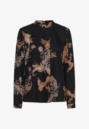 Chemisier noir à manches longues avec col montant, orné de grands motifs floraux paisley marron et beige, et d'un unique bouton doré près du cou.