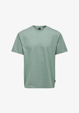 Myntegrøn bomulds t-shirt med korte ærmer, rund hals og en afslappet pasform. Har et lille mærke på siden.