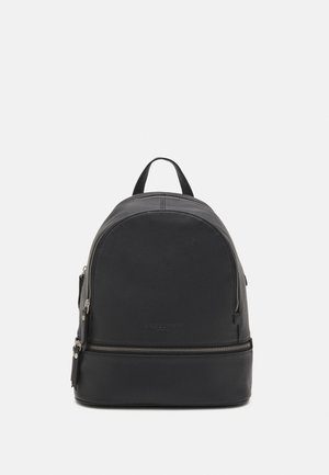 Black leather backpack with rounded shape, zipper closure, top handle, and silver hardware accents. Smooth texture with minimal design.