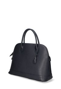 Borsa a tracolla nera in pelle con forma strutturata, doppio manico e chiusura con zip. Finitura testurizzata con dettagli sottili sui manici.
