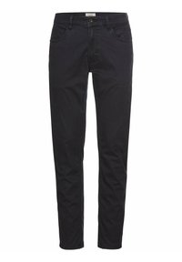 Black denim jeans with a slim fit, featuring five pockets, a zip fly, and a single button closure. Smooth texture with subtle stitching details.