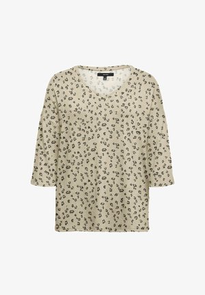 Beige v-hals top med 3/4 lange ærmer, der har et sort leopardprint. Fremstillet af blødt stof med en afslappet silhuet.