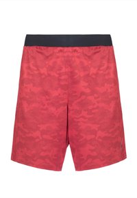 Pantalones cortos de camuflaje rojo con una superficie texturizada, cinturilla elástica negra y un acento de logo en el lateral. Diseñados para el uso activo.