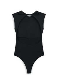 Costume da bagno intero nero con maniche a cappuccio e design con schiena scoperta. Presenta una gamba a taglio basso e tessuto liscio e elastico. Stile minimalista.