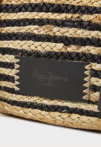 Woven straw bag with alternating black and natural stripes; features a black leather tag embossed with the brand name "Pepe Jeans London."