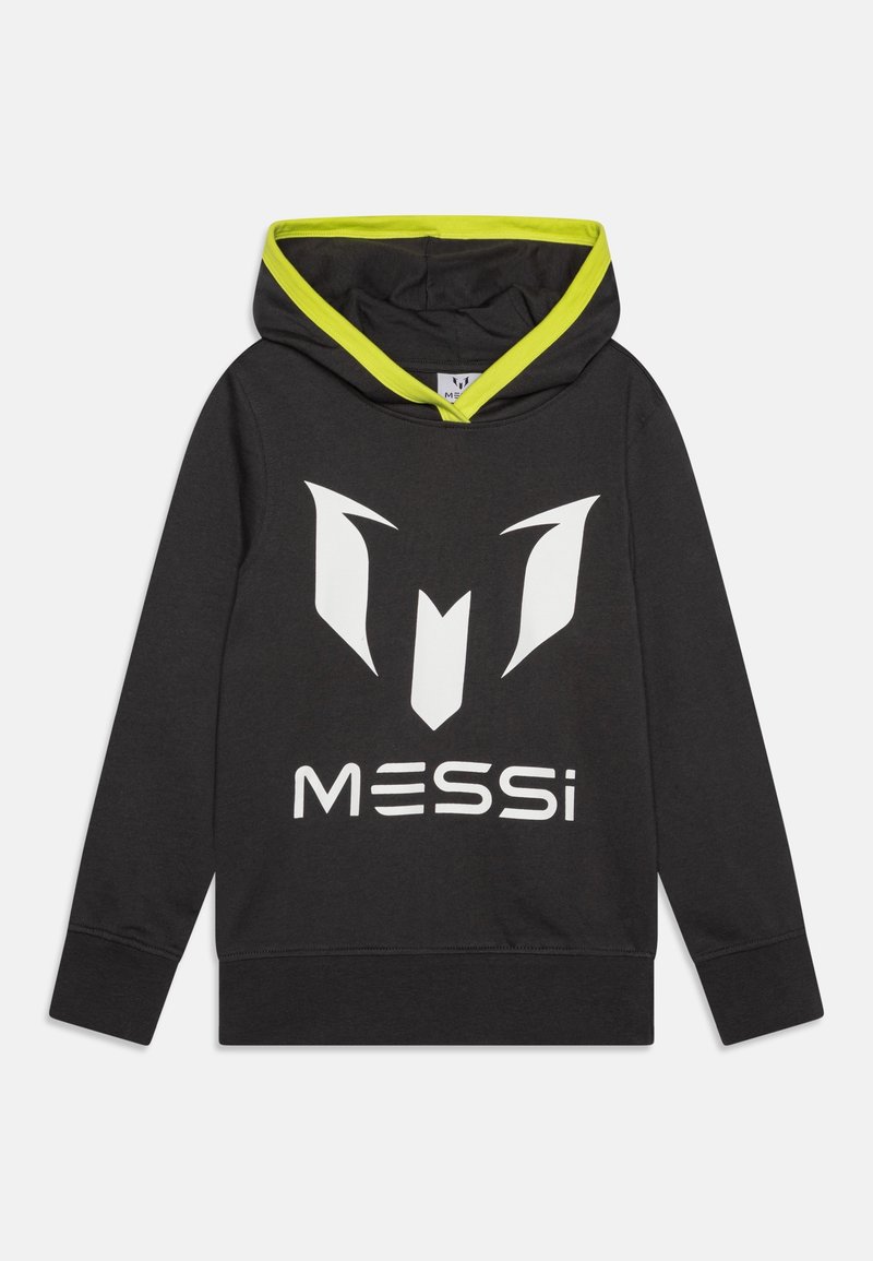 Hoodie noir avec une doublure intérieure vert vif. Présente un logo blanc audacieux et le texte "MESSi" sur le devant. Fabriqué en tissu doux.