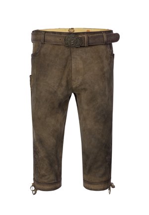 Bruine leren shorts met decoratieve stiksels aan de zijkant, een riem met een metalen gesp en verstelbare koorden aan de zoom.