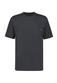 Mørkegrå t-shirt lavet af bomuld med korte ærmer og rund halsudskæring. Den har en brystlomme og en glat tekstur.