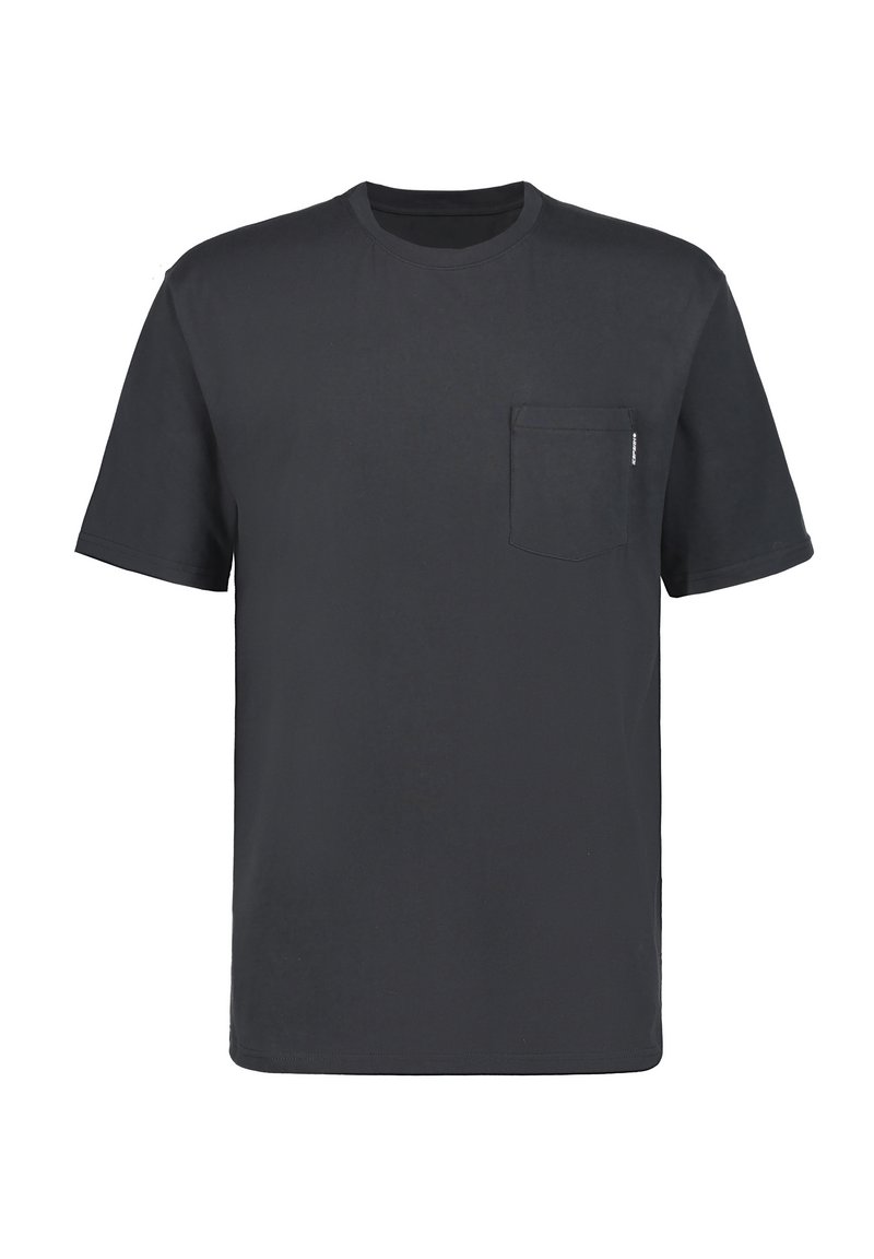 Mørkegrå t-shirt lavet af bomuld med korte ærmer og rund halsudskæring. Den har en brystlomme og en glat tekstur.