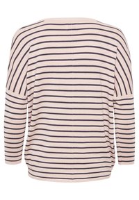 Ljust rosa randig tröja med marinblå horisontella ränder, bred rund halsringning och 3/4-ärmar. Mjuk stickad tyg med en avslappnad passform.