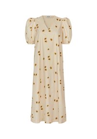 Robe midi beige avec un col en V, des manches courtes bouffantes et un imprimé de tournesols éparpillés. Fabriquée en tissu léger, elle tombe doucement jusqu'à l'ourlet.