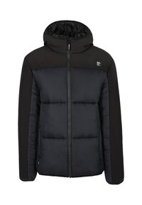 Schwarze, isolierte Jacke mit Kapuze, ausgestattet mit einem gesteppten unteren Abschnitt und einem glatten oberen Abschnitt, Frontreißverschluss und einem kleinen Logodetail.