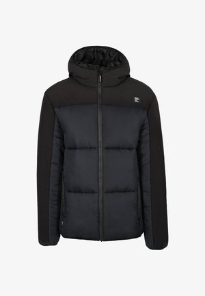 Schwarze, isolierte Jacke mit Kapuze, ausgestattet mit einem gesteppten unteren Abschnitt und einem glatten oberen Abschnitt, Frontreißverschluss und einem kleinen Logodetail.