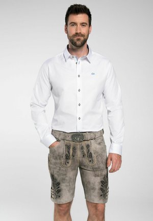 White button-up shirt with blue accents, paired with gray lederhosen featuring black floral embroidery and a decorative belt buckle.