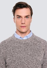 Mladý muž se zelenýma očima a hnědými vlasy, oblečený v šedém pleteném svetru přes světle modrou košili s límečkem, čelem k objektivu s neutrálním výrazem.