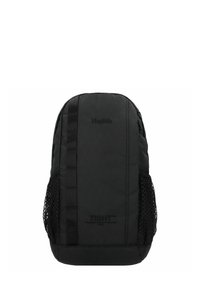Zaino nero con un motivo trapuntato, tasche laterali in rete e dettagli di marca. Caratterizzato da un design sottile e spallacci regolabili.