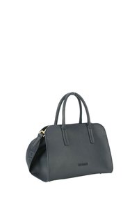 Borsa a mano in pelle grigia scura con finitura texture, forma rettangolare, doppi manici e hardware dorato. Presenta il logo del marchio in rilievo.