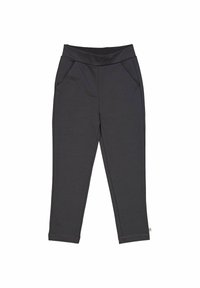 Harmaat urheiluhousut, joissa on leveä joustava vyöt ärö, kaksi sivutaskua, slim fit -leikkaus ja ompelutiedot jaloissa.