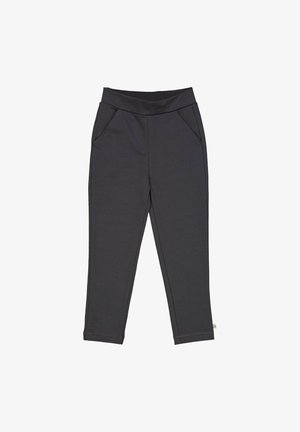 Gray athletic pants featuring a wide elastic waistband, two side pockets, slim fit, and stitching details along the legs.