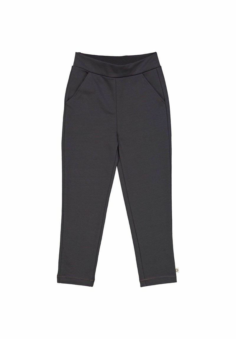 Harmaat urheiluhousut, joissa on leveä joustava vyötärö, kaksi sivutaskua, slim fit -leikkaus ja ompelutiedot jaloissa.