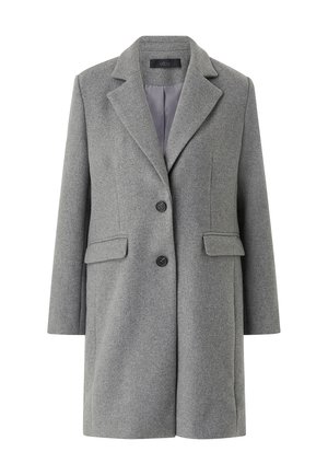 Grauer Wollmischmantel mit Reverskragen, zwei frontalen Taschen und doppelt geknöpftem Verschluss. Glatte Innenauskleidung mit lockerer Passform.