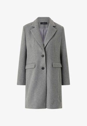 Manteau en mélange de laine gris avec un col cranté, deux poches avant et fermeture à double bouton. Doublure intérieure lisse avec une coupe décontractée.