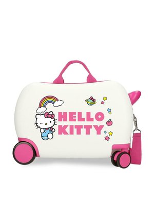 Maleta para niños blanca y rosa con gráficos de Hello Kitty, arcoíris, estrellas y planeta, asa rosa y cuatro ruedas.