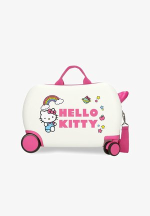 Maleta para niños blanca y rosa con gráficos de Hello Kitty, arcoíris, estrellas y planeta, asa rosa y cuatro ruedas.