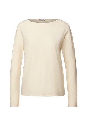 Langärmliges Oberteil in Off-White, mit gerippter Textur, Rundhalsausschnitt und geradem Schnitt. Der Stoff ist weich und leicht. Markenlogo sichtbar.
