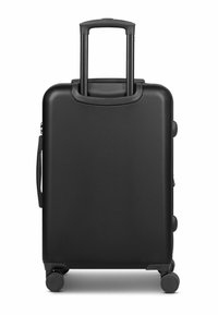 Valigia rigida nera con superficie testurizzata, manico estensibile e quattro ruote per la mobilità. Design compatto e manico laterale robusto.