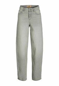 Jeans de denim gris claro con una cintura alta, corte recto y diseño de cinco bolsillos. La tela presenta una sutil textura y costuras reforzadas.