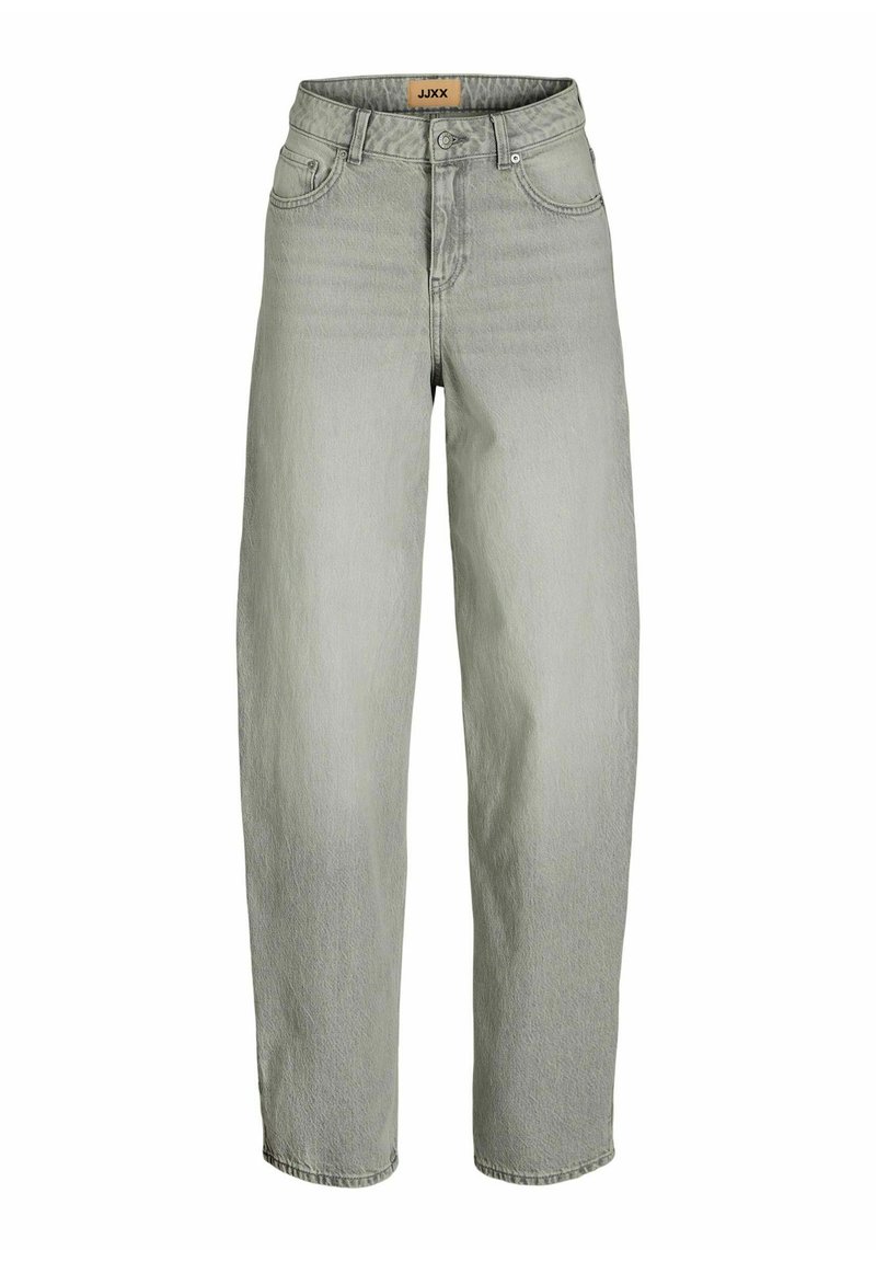 Jeans de denim gris claro con una cintura alta, corte recto y diseño de cinco bolsillos. La tela presenta una sutil textura y costuras reforzadas.