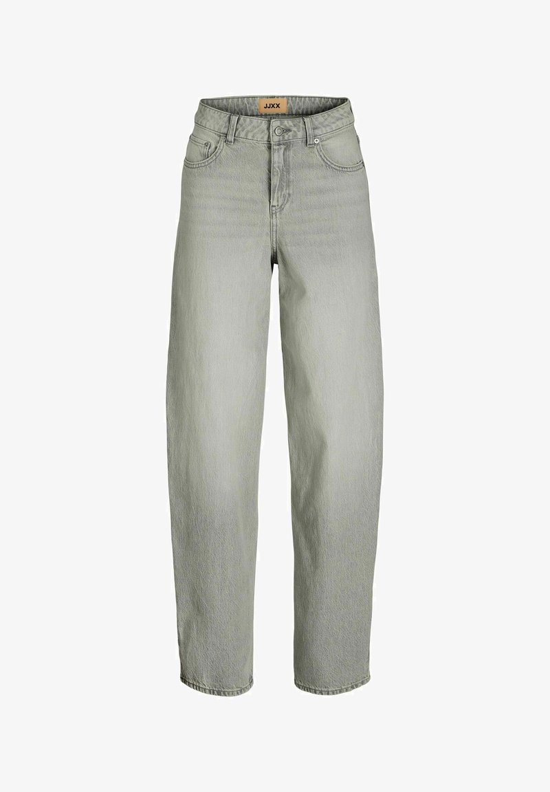 Šviesiai pilkos džinsinės kelnės su aukštu liemeniu, tiesiomis kojomis ir penkių kišenių dizainu. Medžiaga pasižymi subtilia tekstūra ir sustiprintu siuvimu.