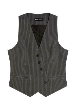 Ołówkowa, szara kamizelka męska w cienkie prążki, zapinana na pięć czarnych guzików, z dwoma przednimi kieszeniami z rozcięciami, z dekoltem w serek i zaostrzonym dołem.