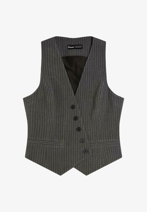 Gray pinstripe tailored men's vest with five black buttons and two front slit pockets, featuring a V-neck and a pointed hem.