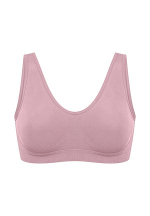 Rosa nahtloser BH mit breiten Trägern und Rundhalsausschnitt; aus weichem Material mit glatter Textur und ohne sichtbare Verschlüsse.