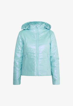 Müntroheline puffer-jakk läikiva viimistlusega, elastse kapuutsiga, lukuga ees ja kahe küljetaskuga, millel on tikandimustrid.