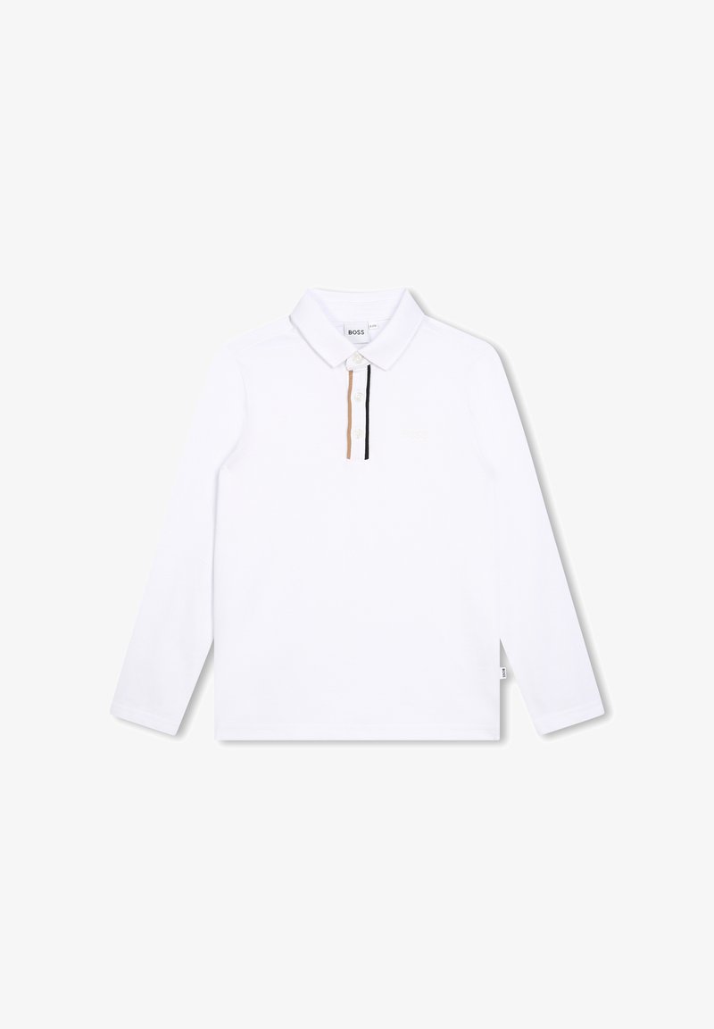 Witte lange mouwen polo shirt van katoen. Beschikt over een knoopsluiting met contrasterende verticale strepen in beige en zwart. BOSS-logo geborduurd.