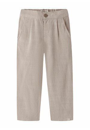 Pantaloni casual beige chiaro con vita elastica, chiusura con bottone, tasche laterali e design a gamba dritta.