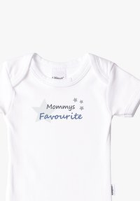 White cotton onesie featuring "Mommy's Favourite" printed in blue, with a gray star graphic and small gray stars around the text.